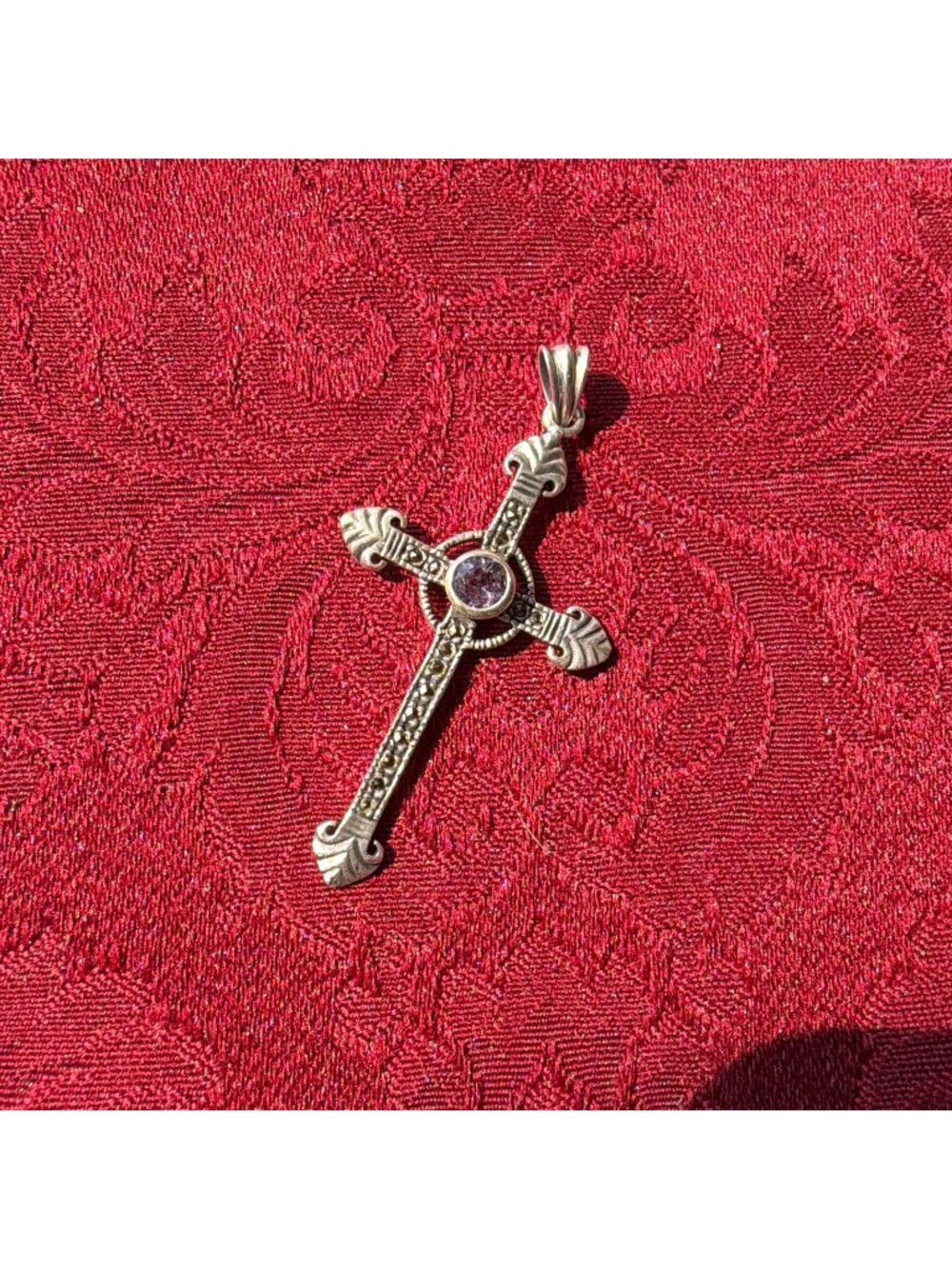 Vintage SU Sunstone 925 Sterling Silver Amethyst Marcasite Celtic Cross Pendant